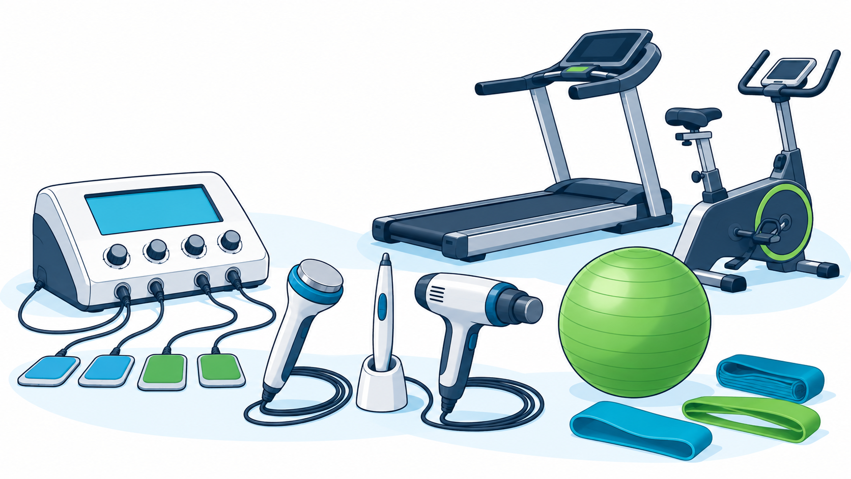 Illustration of electrotherapy equipment, therapy applicators, treadmill, stationary cycle and exercise equipment