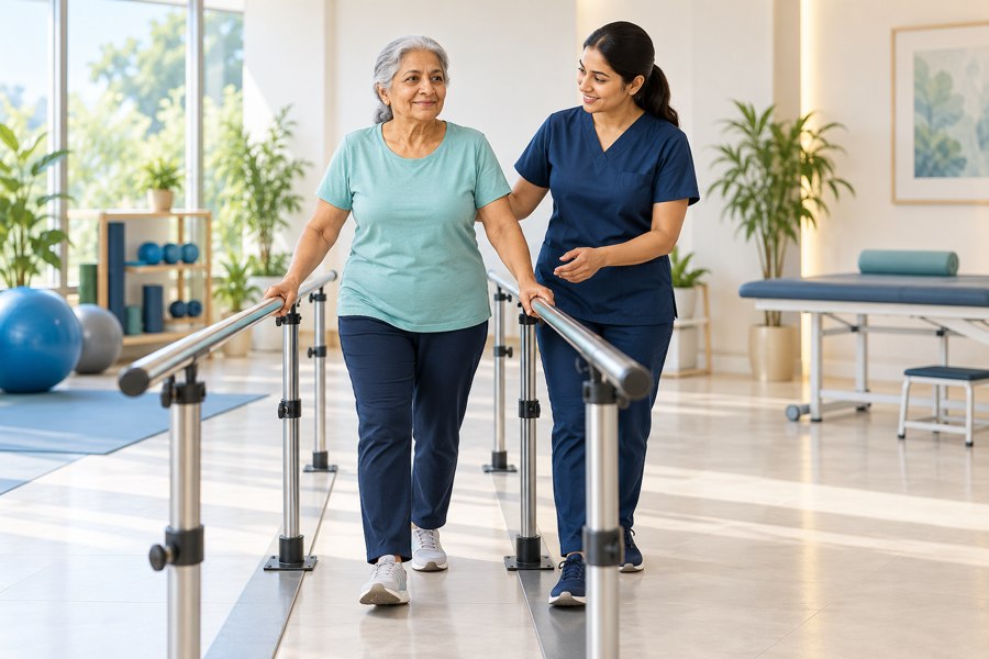 Illustration of supported walking practice with a physiotherapist
