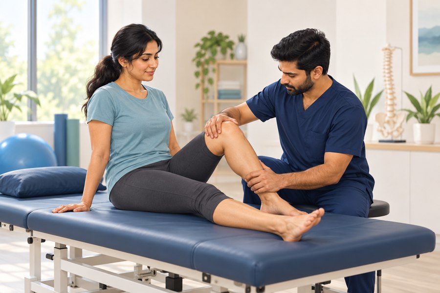 Illustration of a physiotherapist assessing knee movement
