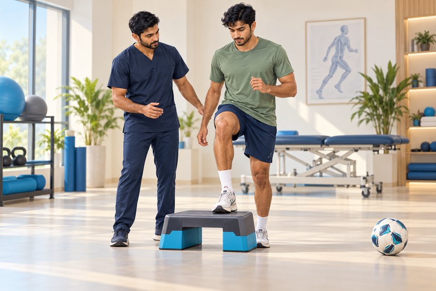Illustration of an athlete practising a controlled step with a physiotherapist